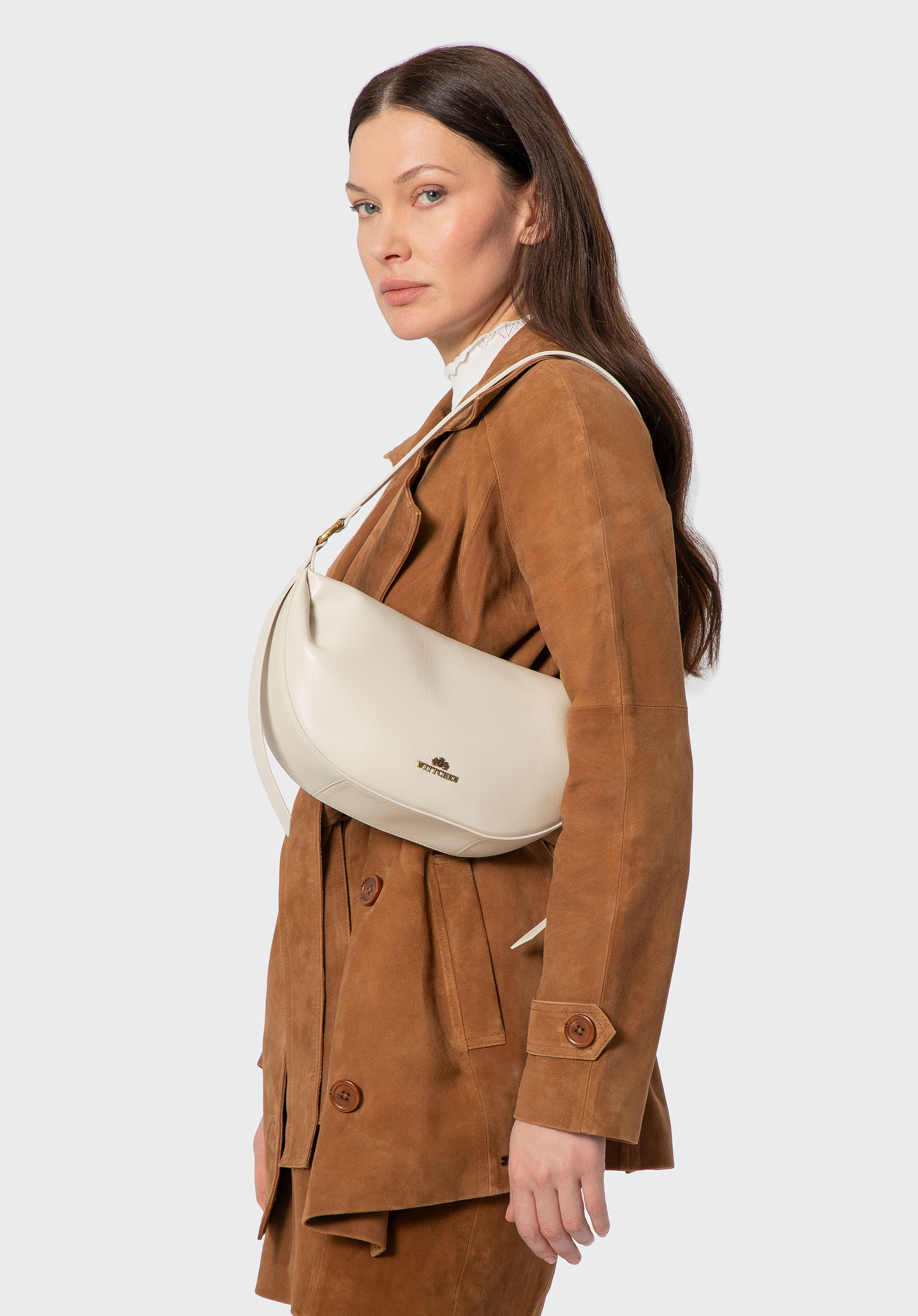 Damska torebka typu bagietka ze skóry naturalnej, kremowy, 102-4E-611-0, Zdjęcie 1