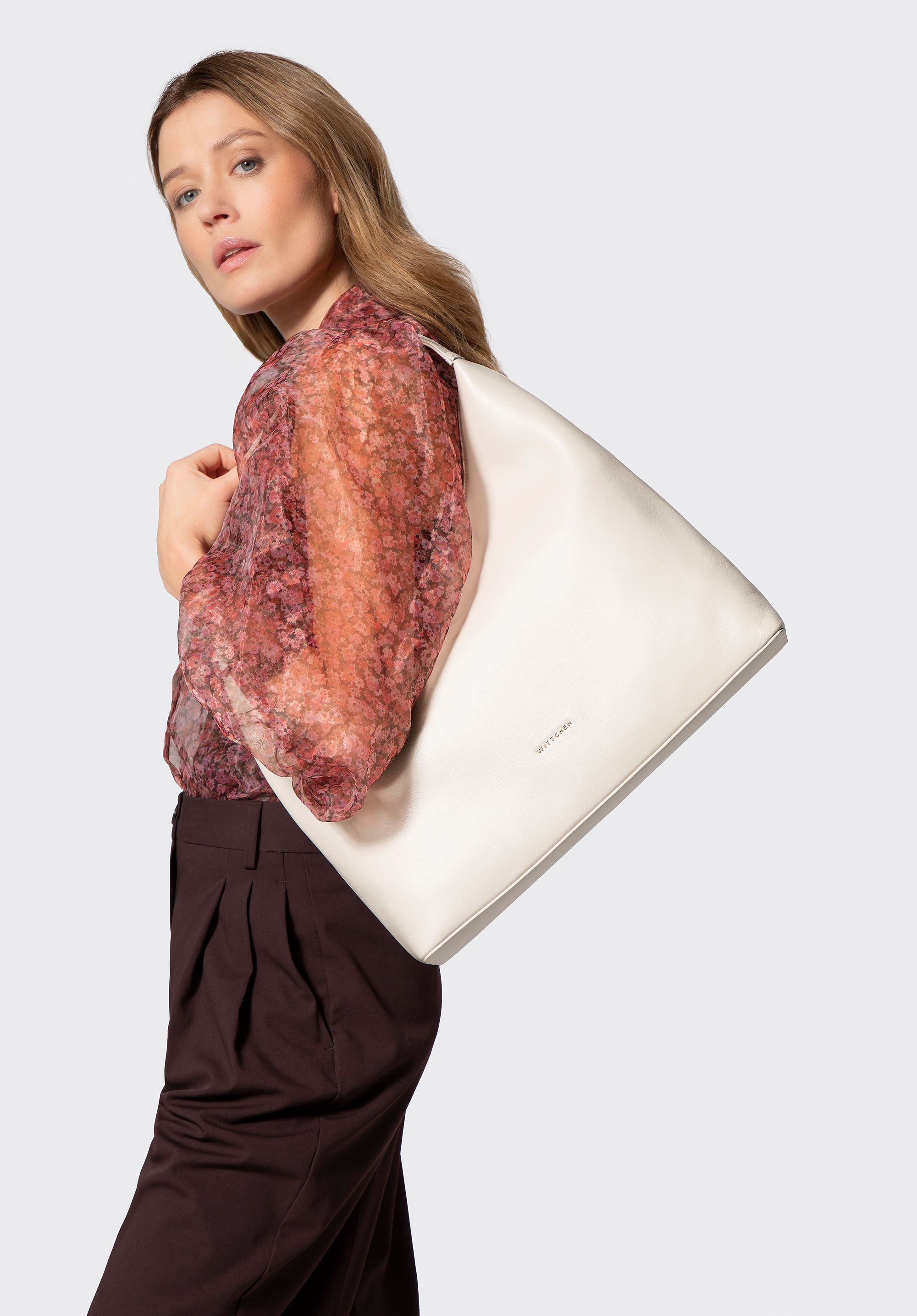 Damska torebka typu hobo ze skóry naturalnej, kremowy, 102-4E-605-0, Zdjęcie 1