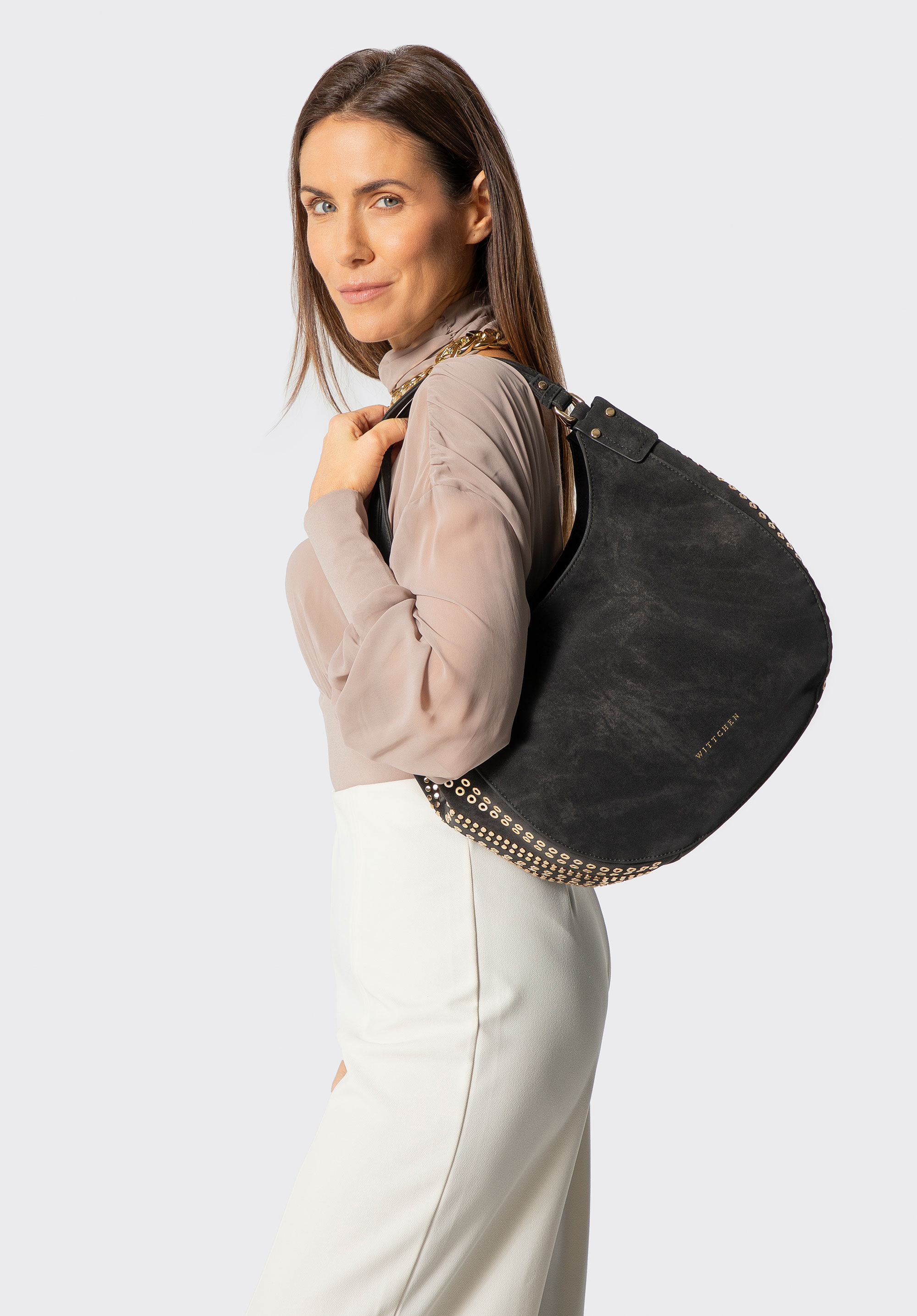 Women's hobo bag with decorative studs, black, 101-4Y-711-1, Photo 1