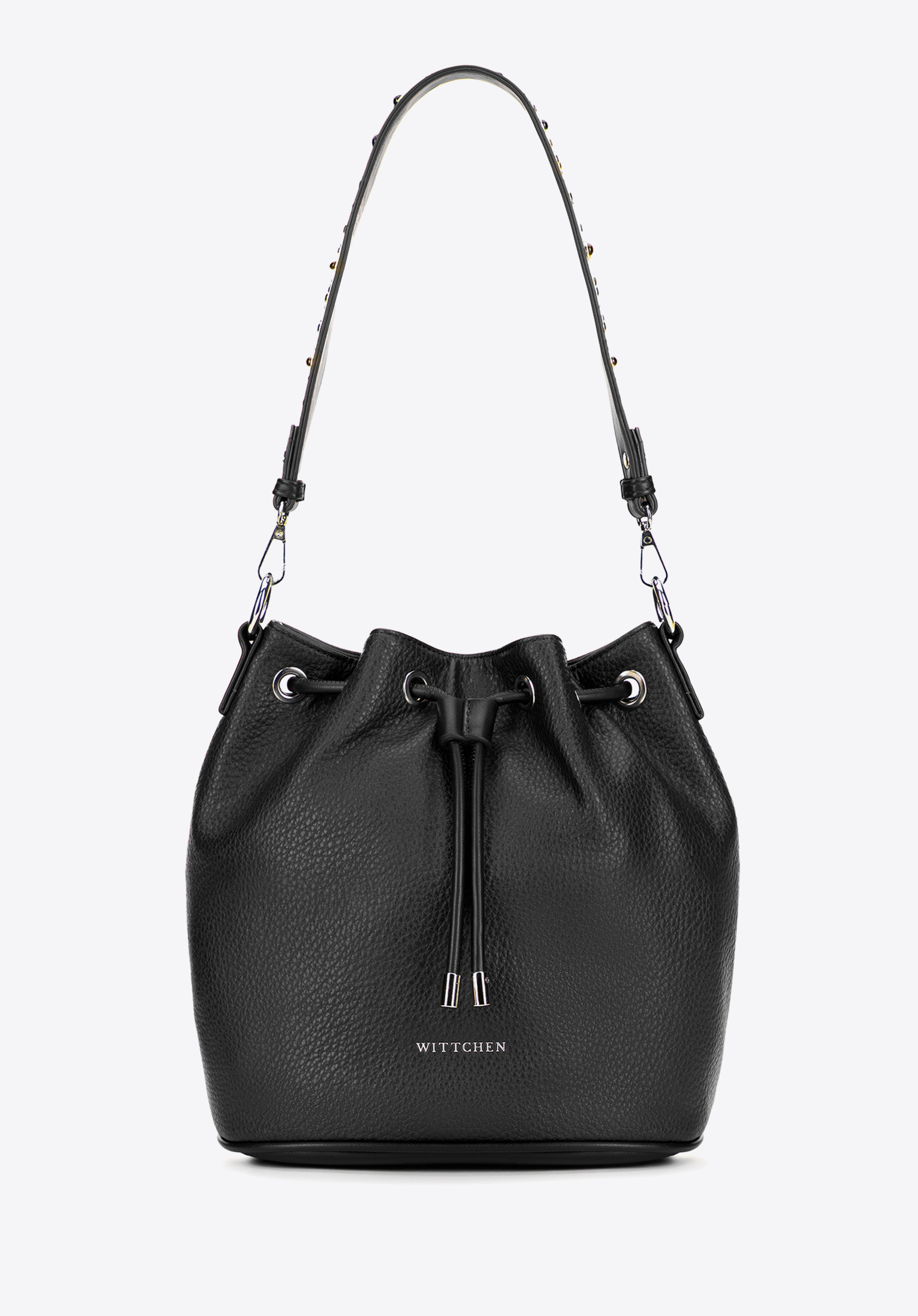 Damska torebka worek z imitacji skóry z dżetami, czarny, 101-4Y-705-1, Zdjęcie 1