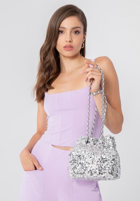 Sequin hobo bag on chain, silver, 98-4Y-024-X, Photo 15