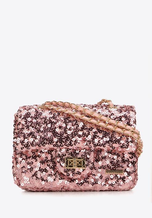 Damska torebka z cekinami na łańcuszku, różowy, 98-4Y-023-X, Zdjęcie 1