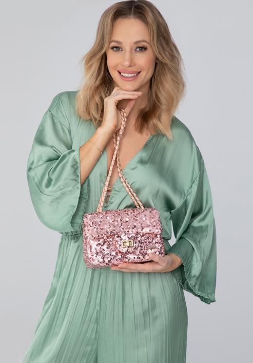 Sequin chain clutch strap bag, pink, 98-4Y-023-S, Photo 15