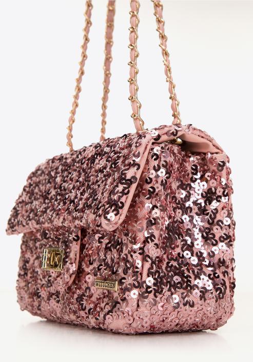 Damska torebka z cekinami na łańcuszku, różowy, 98-4Y-023-S, Zdjęcie 5