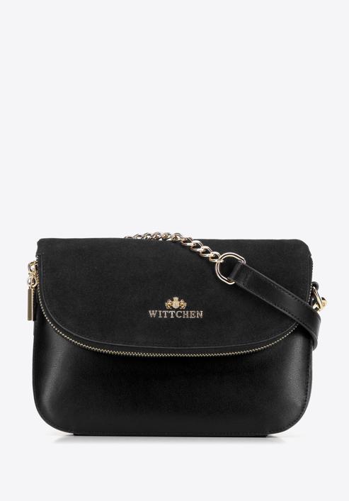 Leather handbag with flap with hidden pocket, black, 95-4E-649-7, Photo 1