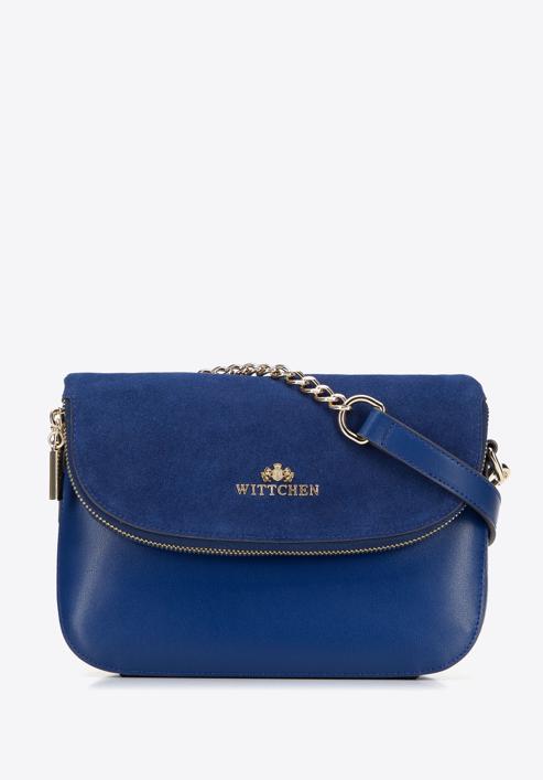 Leather handbag with flap with hidden pocket, navy blue, 95-4E-649-7, Photo 1