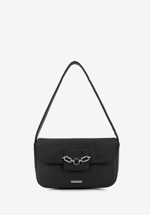 Women's flap bag with chain strap detail, black, 95-4Y-412-1, Photo 2