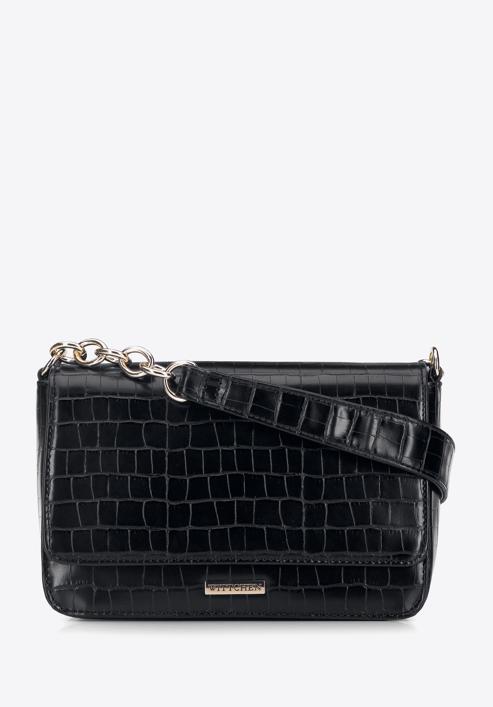 Faux leather croc flap bag, black, 95-4Y-414-3, Photo 1
