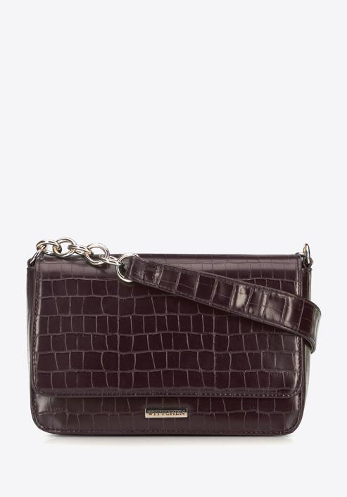 Faux leather croc flap bag, dark brown, 95-4Y-414-3, Photo 1