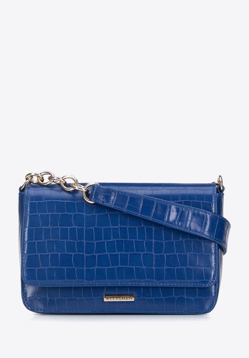 Faux leather croc flap bag, dark blue, 95-4Y-414-3, Photo 1