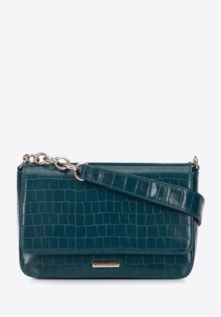 Faux leather croc flap bag, dark turquoise, 95-4Y-414-Z, Photo 1