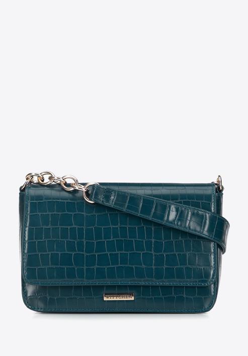 Faux leather croc flap bag, dark turquoise, 95-4Y-414-7, Photo 1