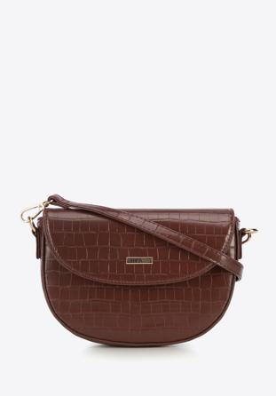 Croc print faux leather flap bag, brown, 95-4Y-502-4, Photo 1