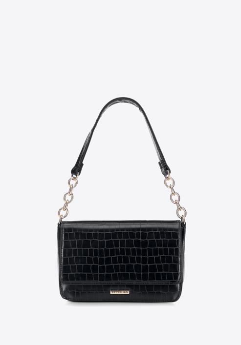 Faux leather croc flap bag, black, 95-4Y-414-3, Photo 2