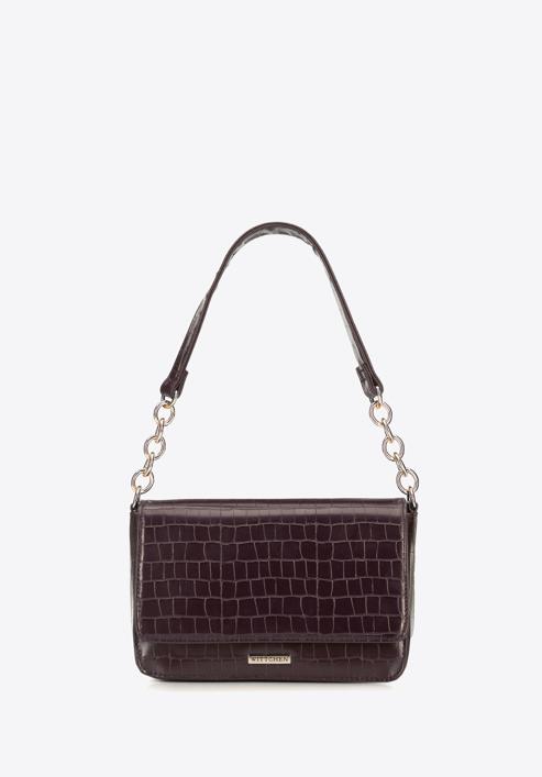 Faux leather croc flap bag, dark brown, 95-4Y-414-3, Photo 2