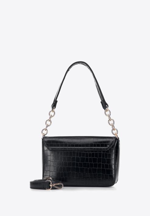 Faux leather croc flap bag, black, 95-4Y-414-3, Photo 3