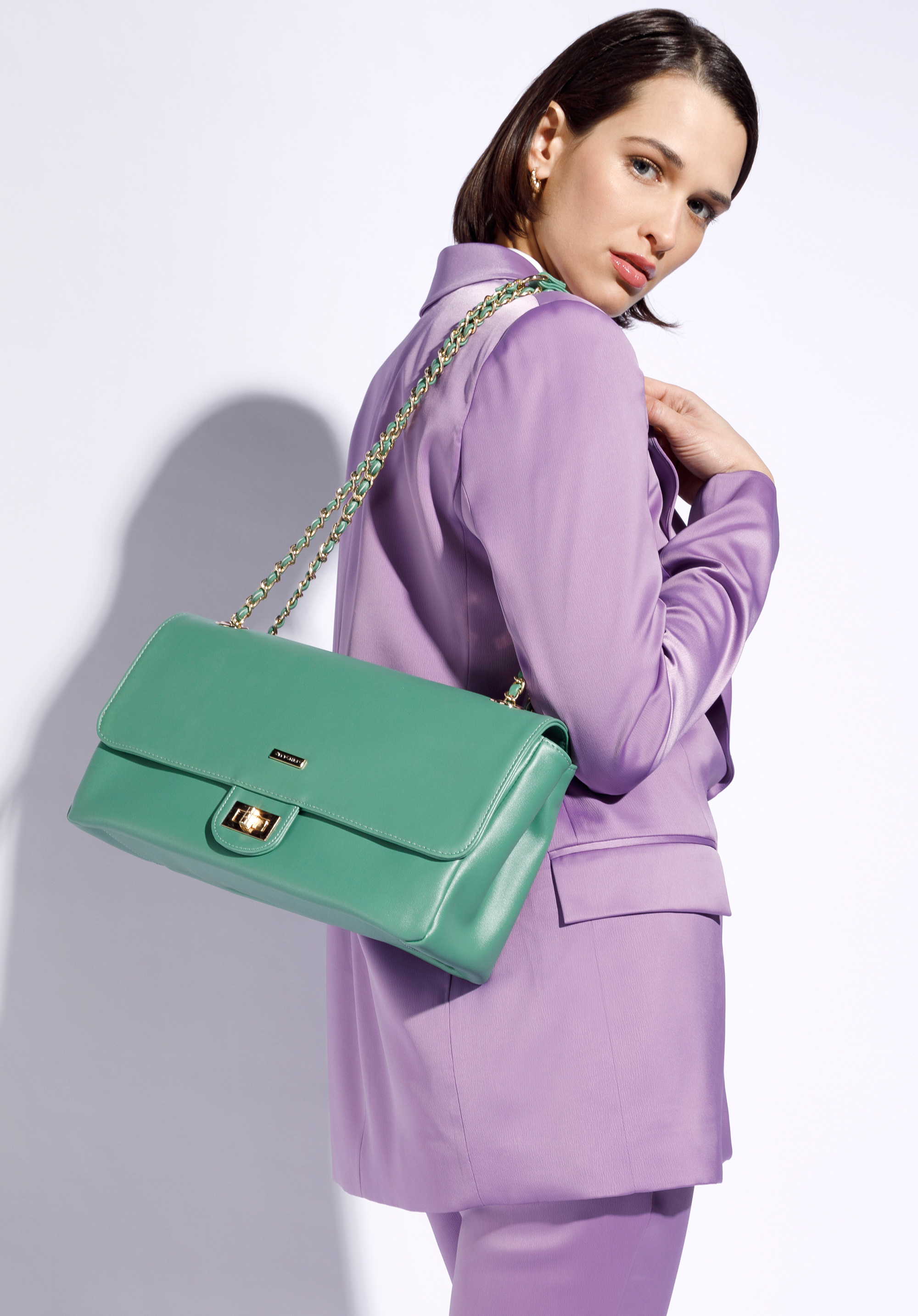 Women's faux leather chain flap bag, green, 95-4Y-049-Z, Photo 1