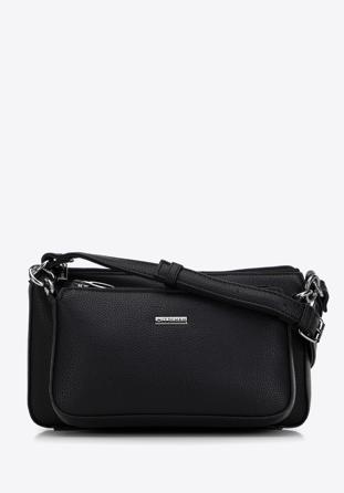 Women's double faux leather crossbody bag with a decorative chain shoulder strap, black-silver, 98-4Y-508-1S, Photo 1