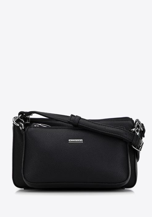 Women's double faux leather crossbody bag with a decorative chain shoulder strap, black-silver, 98-4Y-508-1G, Photo 1