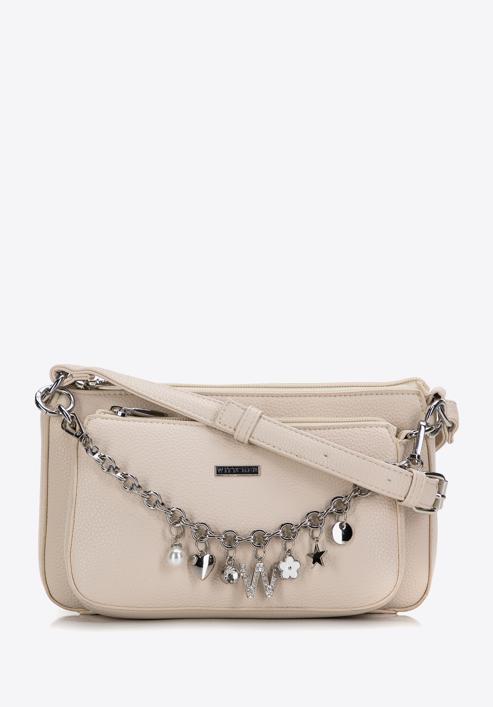 Women's double faux leather crossbody bag with a decorative chain shoulder strap, beige, 98-4Y-508-N, Photo 2