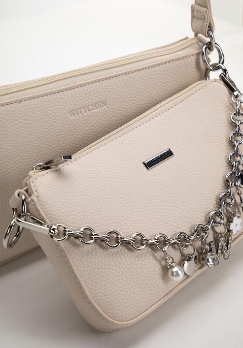 Women's double faux leather crossbody bag with a decorative chain shoulder strap, beige, 98-4Y-508-P, Photo 5