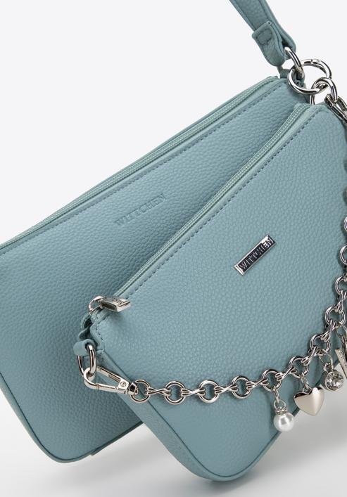 Women's double faux leather crossbody bag with a decorative chain shoulder strap, blue, 98-4Y-508-1S, Photo 5