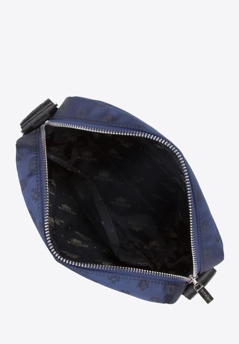 Damska torebka żakardowa z opaskami ze skóry pozioma, granatowy, 95-4-902-N, Zdjęcie 3
