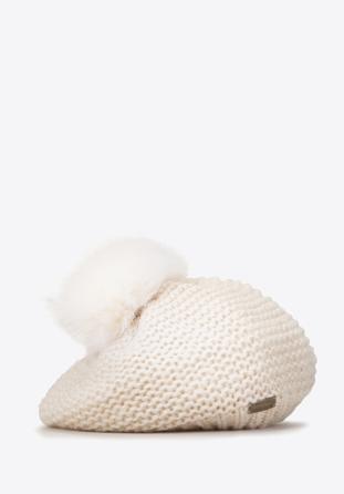 Women's knitted pom pom beret hat, cream, 95-HF-004-0, Photo 1