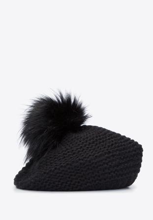 Women's knitted pom pom beret hat, black, 95-HF-004-1, Photo 1