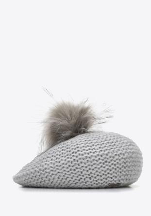 Women's knitted pom pom beret hat, grey, 95-HF-004-8, Photo 1