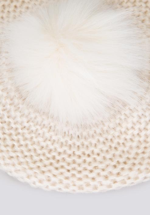 Women's knitted pom pom beret hat, cream, 95-HF-004-0, Photo 3