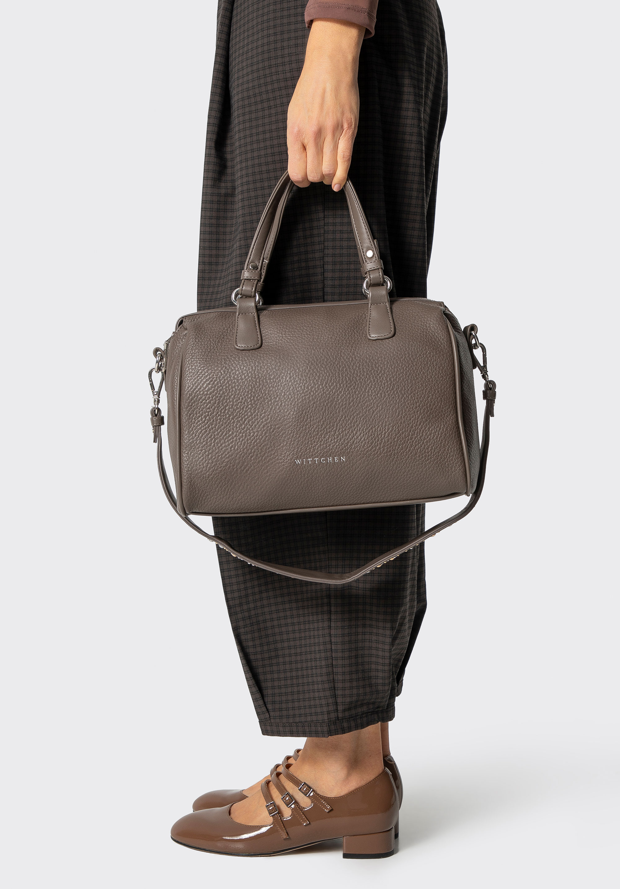 Women's faux leather tote bag with studded shoulder strap, dark beige, 101-4Y-704-9, Photo 1