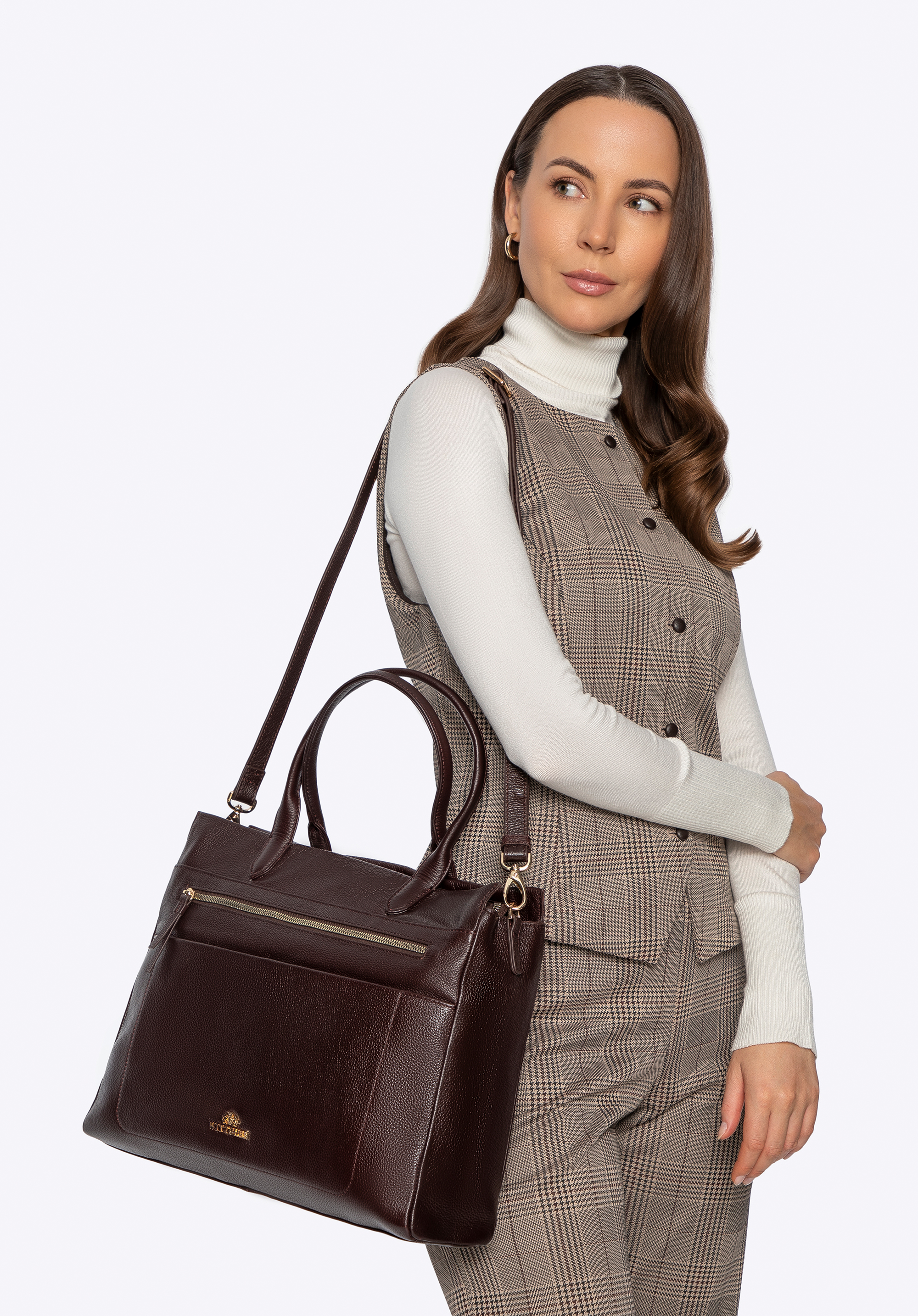 Damski kuferek ze skóry naturalnej o fakturze groszkowej, brązowy, 101-4E-802-3, Zdjęcie 1