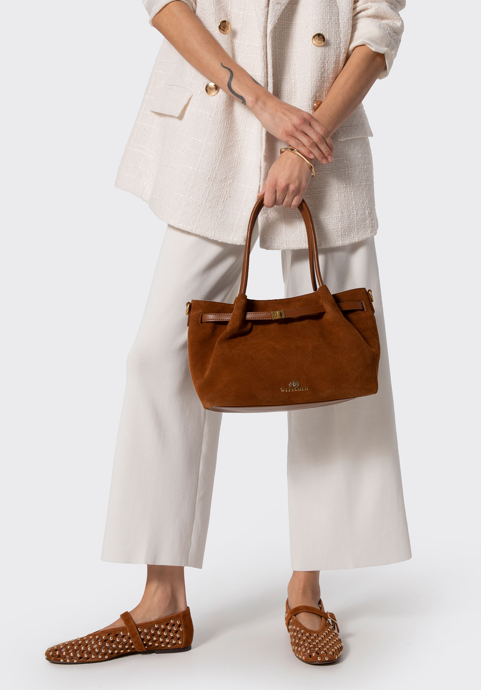 Women's suede tote bag, light brown, 102-4E-608-5, Photo 1