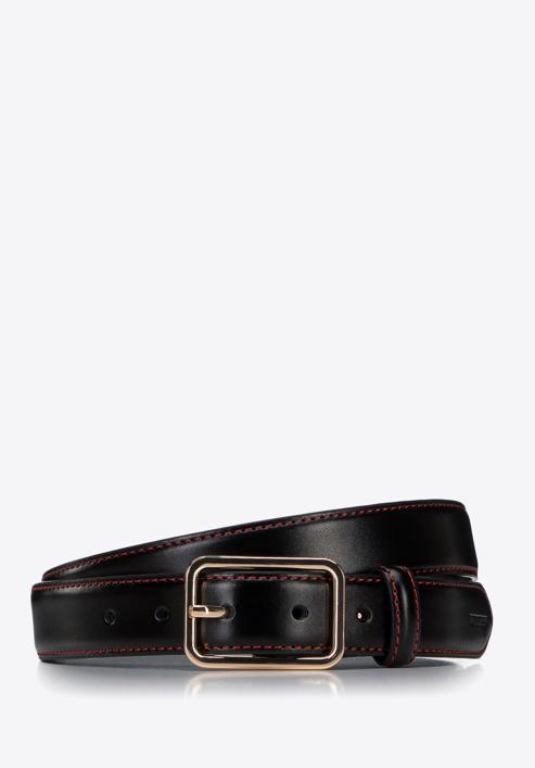 Women's leather belt with red thread, black, 97-8D-916-1-L, Photo 1