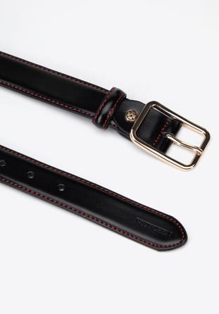 Women's leather belt with red thread, black, 97-8D-916-1-M, Photo 1