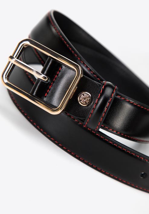 Women's leather belt with red thread, black, 97-8D-916-1-M, Photo 3