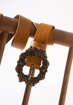 Women's leather belt with a fancy buckle, caramel, 98-8D-102-4-S, Photo 1