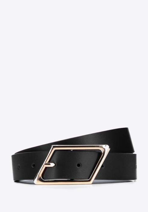 Women's leather belt with geometric buckle, black, 95-8D-802-3-L, Photo 1