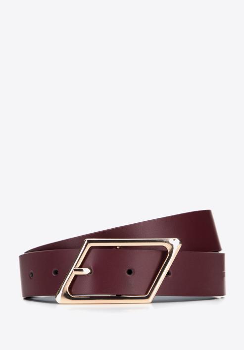 Women's leather belt with geometric buckle, burgundy, 95-8D-802-8-S, Photo 1