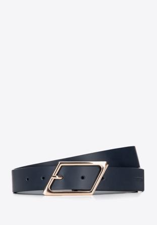 Women's leather belt with geometric buckle, navy blue, 95-8D-802-N-L, Photo 1