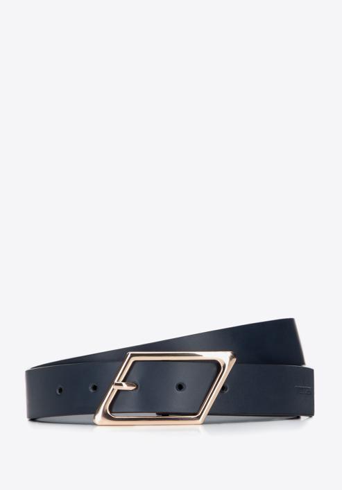 Women's leather belt with geometric buckle, navy blue, 95-8D-802-3-S, Photo 1