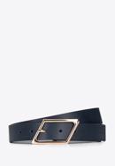 Women's leather belt with geometric buckle, navy blue, 95-8D-802-3-M, Photo 1