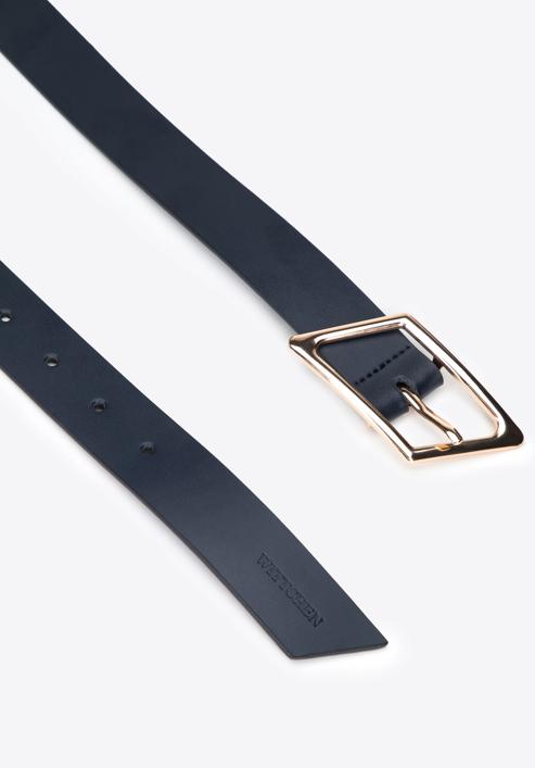 Women's leather belt with geometric buckle, navy blue, 95-8D-802-3-M, Photo 2
