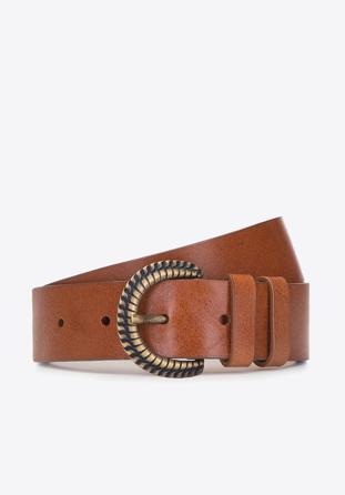 Women's leather belt with woven-effect metal buckle, brown, 92-8D-309-5-XL, Photo 1