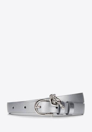 Women's leather belt with padlock detail, silver, 92-8D-307-S-XL, Photo 1