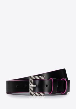 Women's leather belt with a contrasting edge, black-violet, 97-8D-923-1-XL, Photo 1