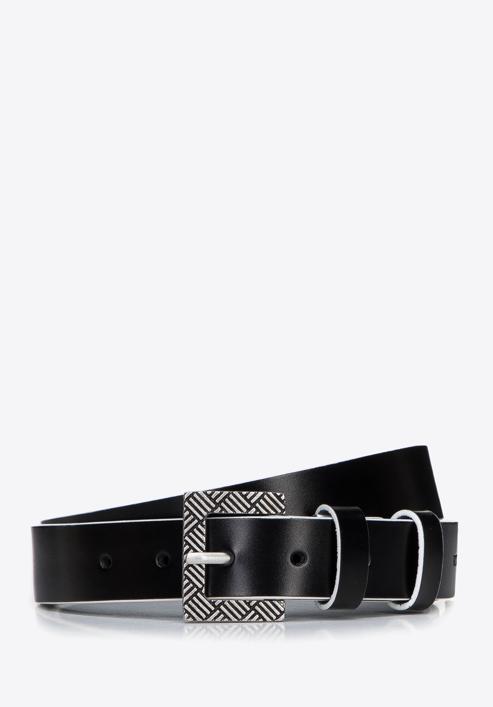 Women's leather belt with a contrasting edge, black-white, 97-8D-923-1-S, Photo 1