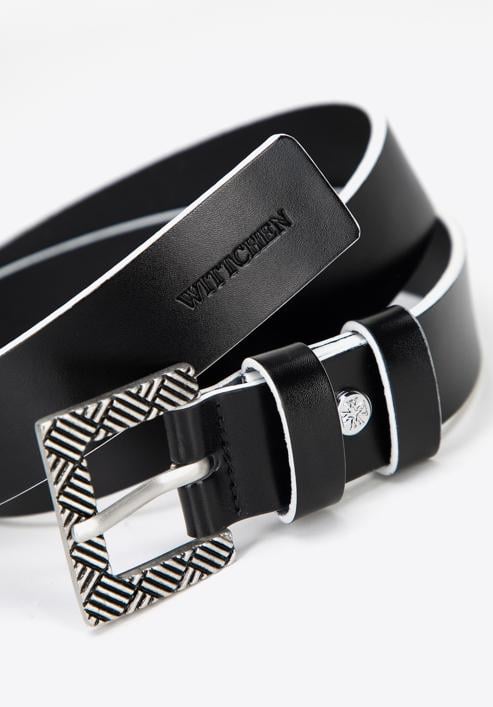 Women's leather belt with a contrasting edge, black-white, 97-8D-923-1-XL, Photo 3
