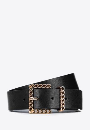 Women's leather belt with decorative buckle, black, 95-8D-803-1-L, Photo 1